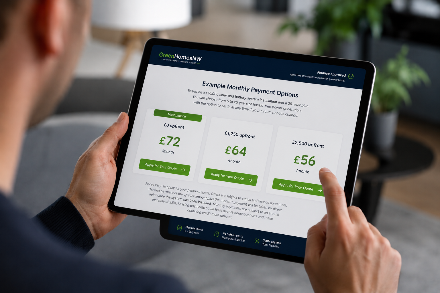 Apply for solar panels from £0 upfront on tablet
