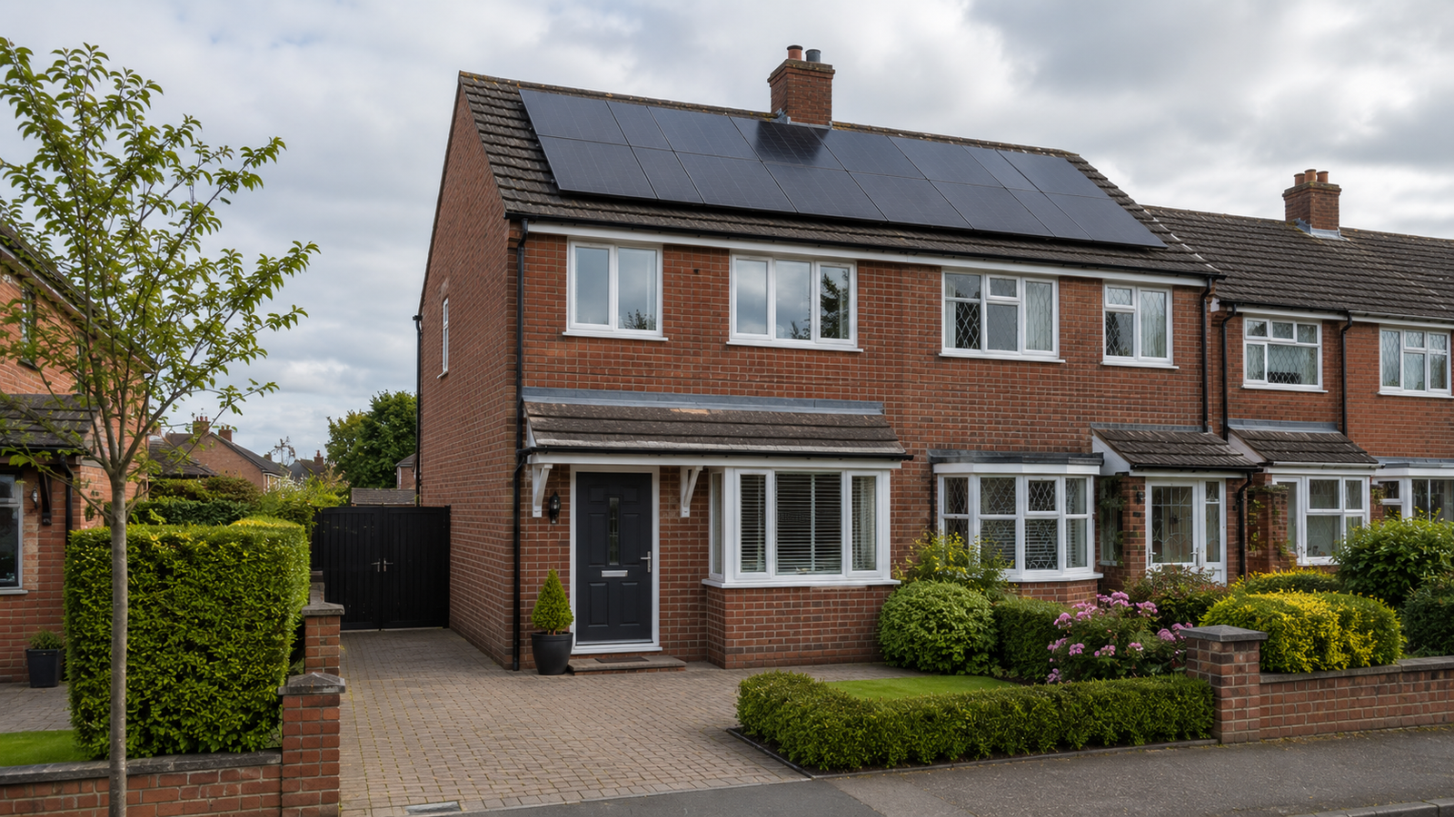 UK red-brick home with a full solar panel array on the roof