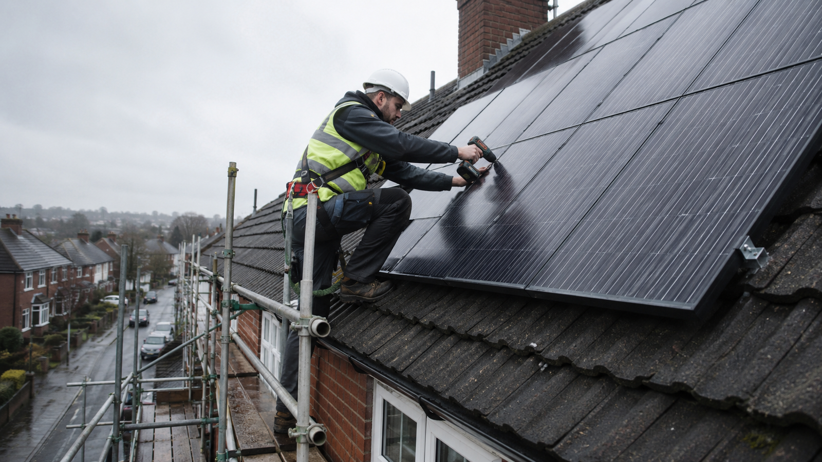 Technician installing solar panels on a UK residential roof