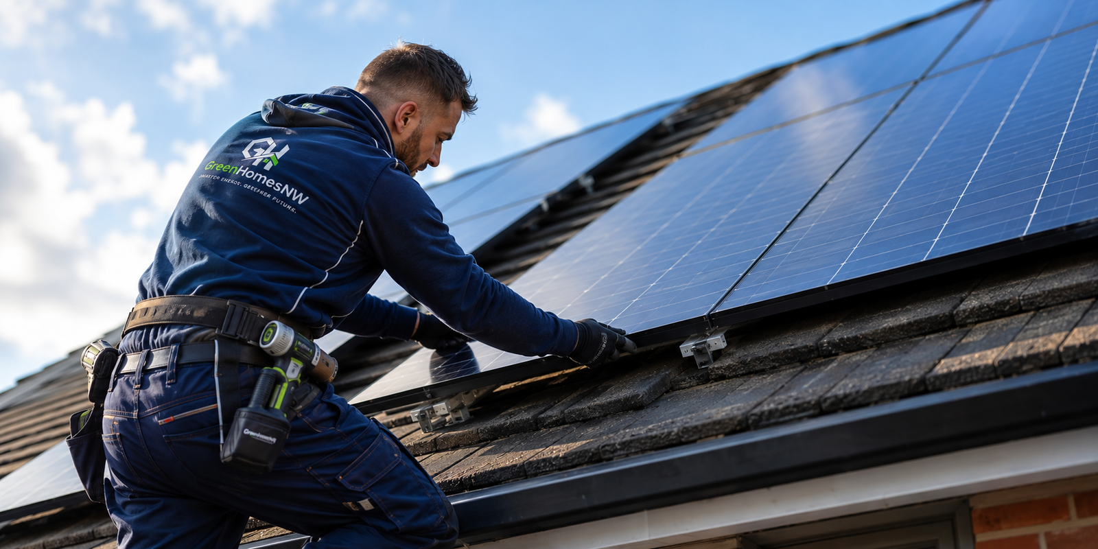 Accredited engineer fitting solar panels on a UK home